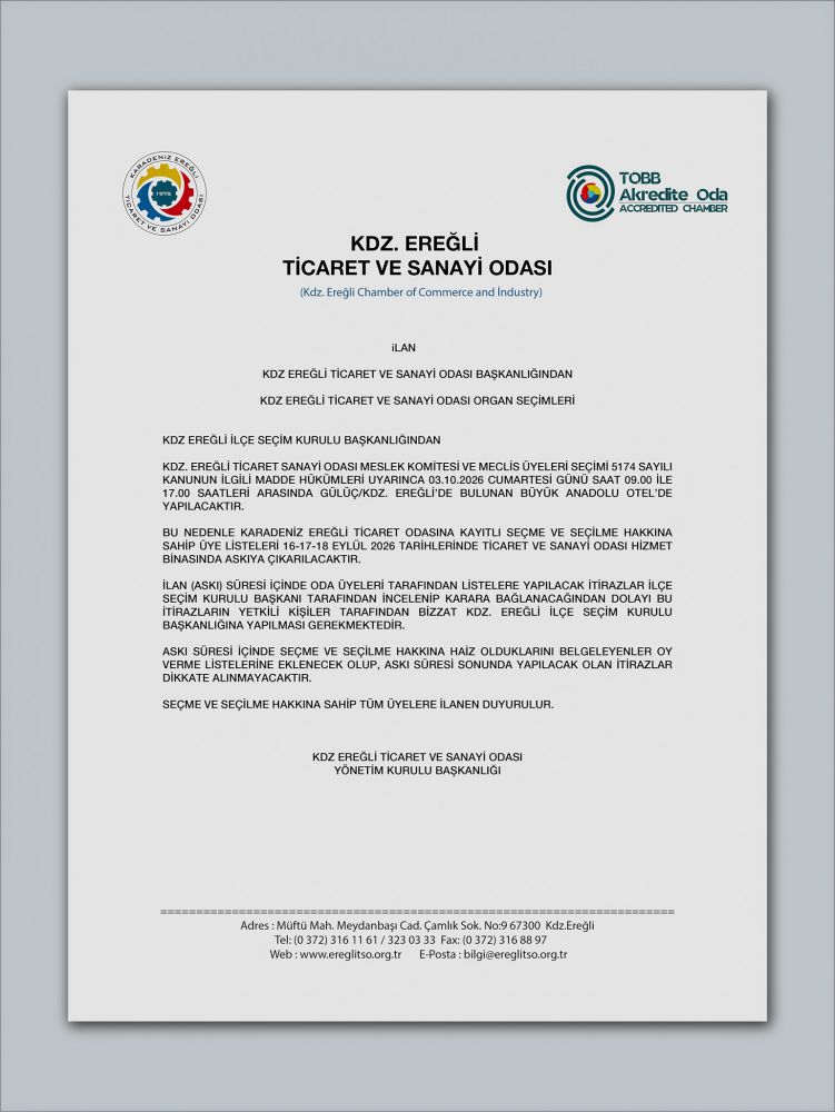 iLAN -  KDZ EREĞLİ TİCARET VE SANAYİ ODASI BAŞKANLIĞINDAN