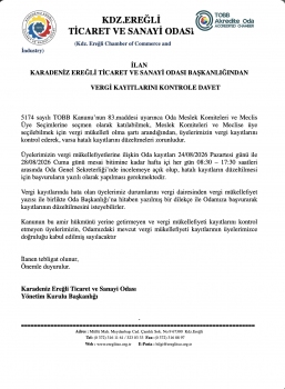 İLAN KARADENİZ EREĞLİ TİCARET VE SANAYİ ODASI BAŞKANLIĞINDAN  VERGİ KAYITLARINI KONTROLE DAVET